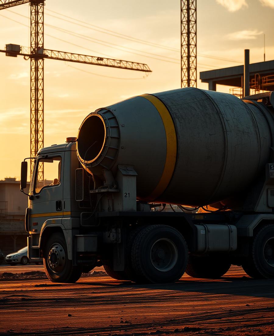 Caminhão betoneira da Siebra em canteiro de obras ao entardecer