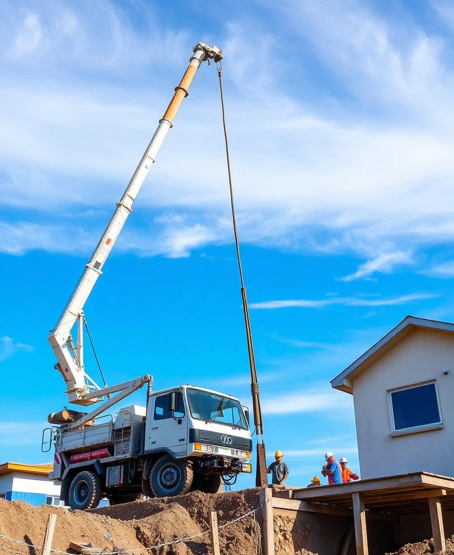 Bomba lança de concreto em operação em obra residencial